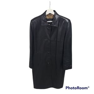Kasper Black Leather Trench Coat Size Medium
